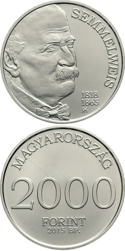 Image of 2000 forint coin - 150th Anniversary of Death of Ignác Semmelweis  | Hungary 2015.  The Copper–Nickel (CuNi) coin is of BU quality.
