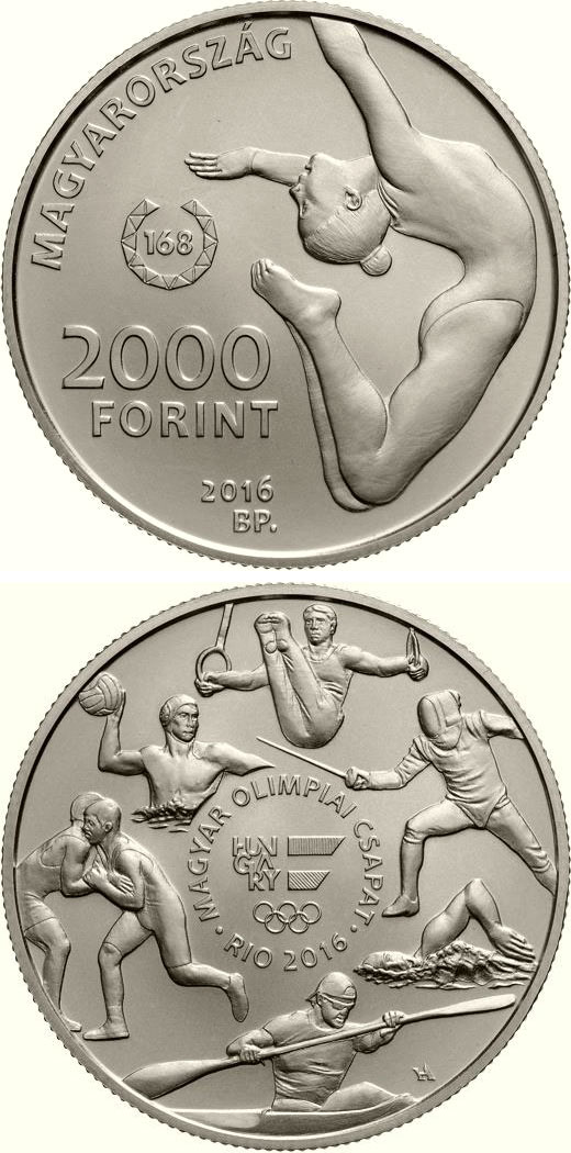 Image of 2000 forint coin - XXXI. Summer Olympic Games | Hungary 2016.  The Copper–Nickel (CuNi) coin is of BU quality.