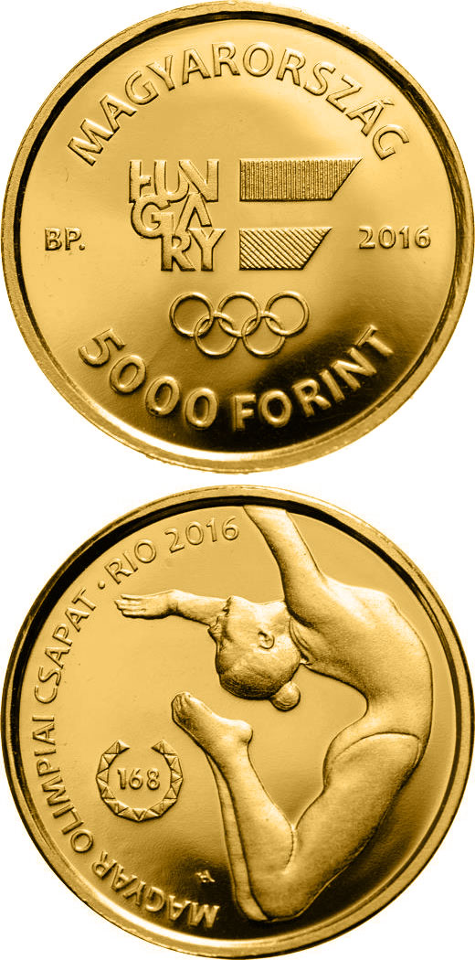 Image of 5000 forint coin - XXXI. Summer Olympic Games | Hungary 2016.  The Gold coin is of Proof quality.
