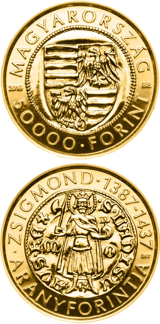 Image of 50000 forint coin - Gold Florin of Sigismund (1387-1437) | Hungary 2016.  The Gold coin is of UNC quality.