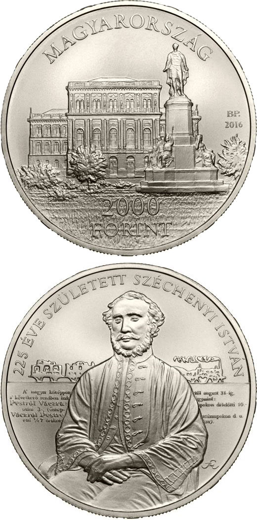 Image of 2000 forint coin - István Széchenyi | Hungary 2016.  The Copper–Nickel (CuNi) coin is of BU quality.