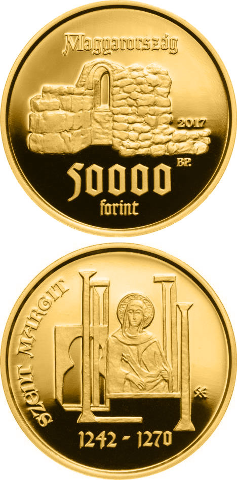 Image of 50000 forint coin - 775th Anniversary of Birth of Saint Margaret of Hungary | Hungary 2017.  The Gold coin is of Proof quality.