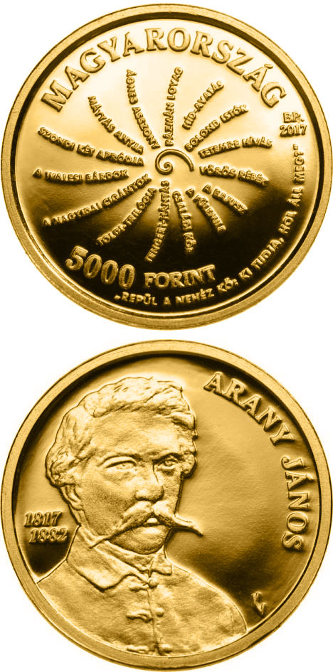 Image of 5000 forint coin - 200th Anniversary of Birth of János Arany | Hungary 2017.  The Gold coin is of proof-like quality.