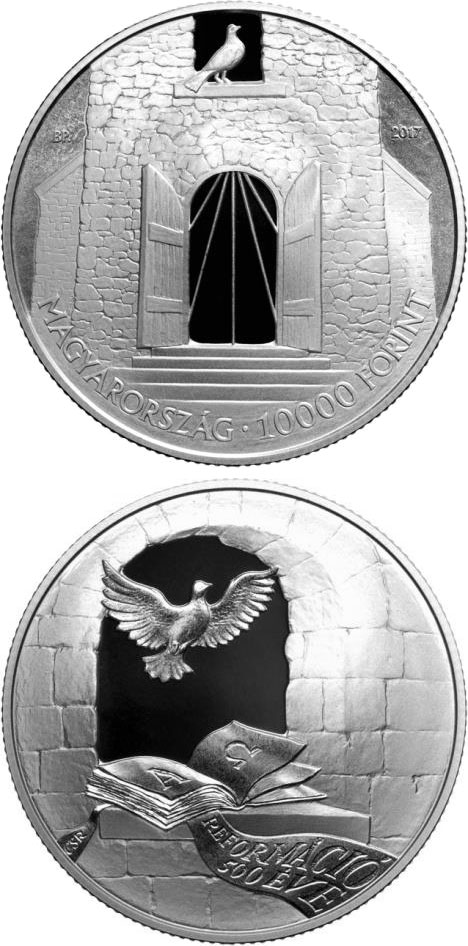 Image of 10000 forint coin - 500th Anniversary of Reformation | Hungary 2017.  The Silver coin is of Proof quality.