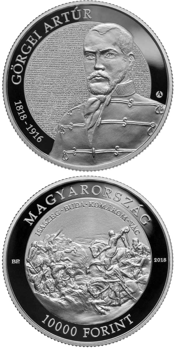Image of 10000 forint coin - 200th Anniversary of the Birth of Artúr Görgei | Hungary 2018.  The Silver coin is of Proof quality.