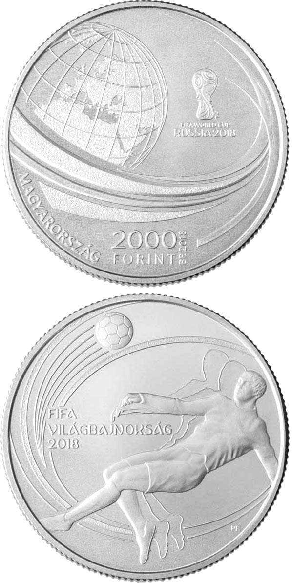 Image of 2000 forint coin - XXI. FIFA WORLD CUP | Hungary 2018.  The Copper–Nickel (CuNi) coin is of BU quality.