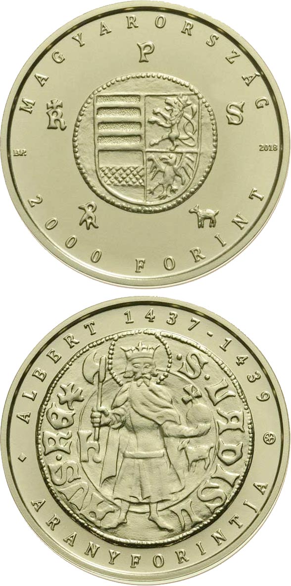 Image of 2000 forint coin - The Gold Florin of Albert Habsburg (1397-1439) | Hungary 2018.  The Brass coin is of BU quality.