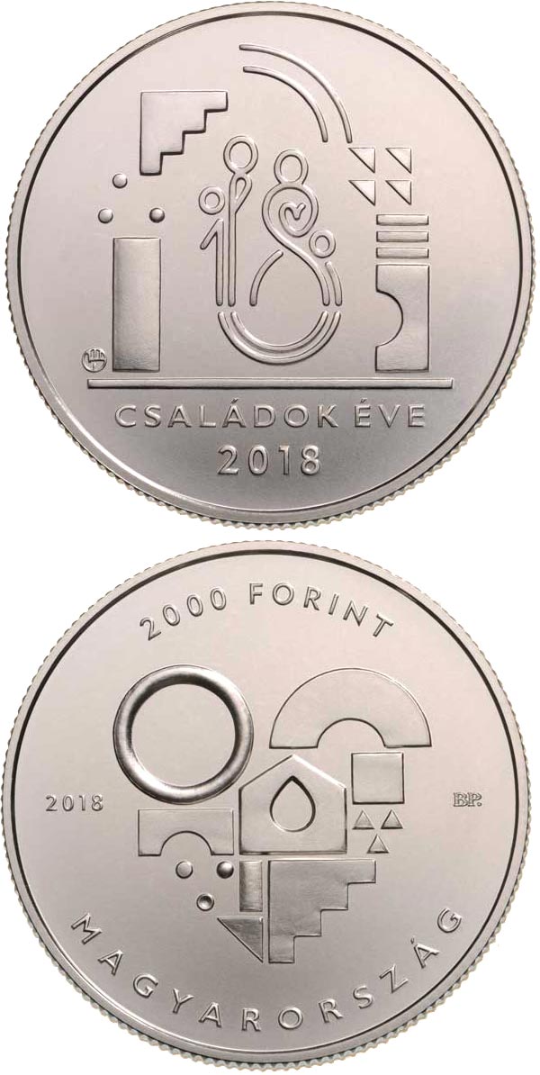 Image of 2000 forint coin - Year of the Families | Hungary 2018.  The Brass coin is of BU quality.