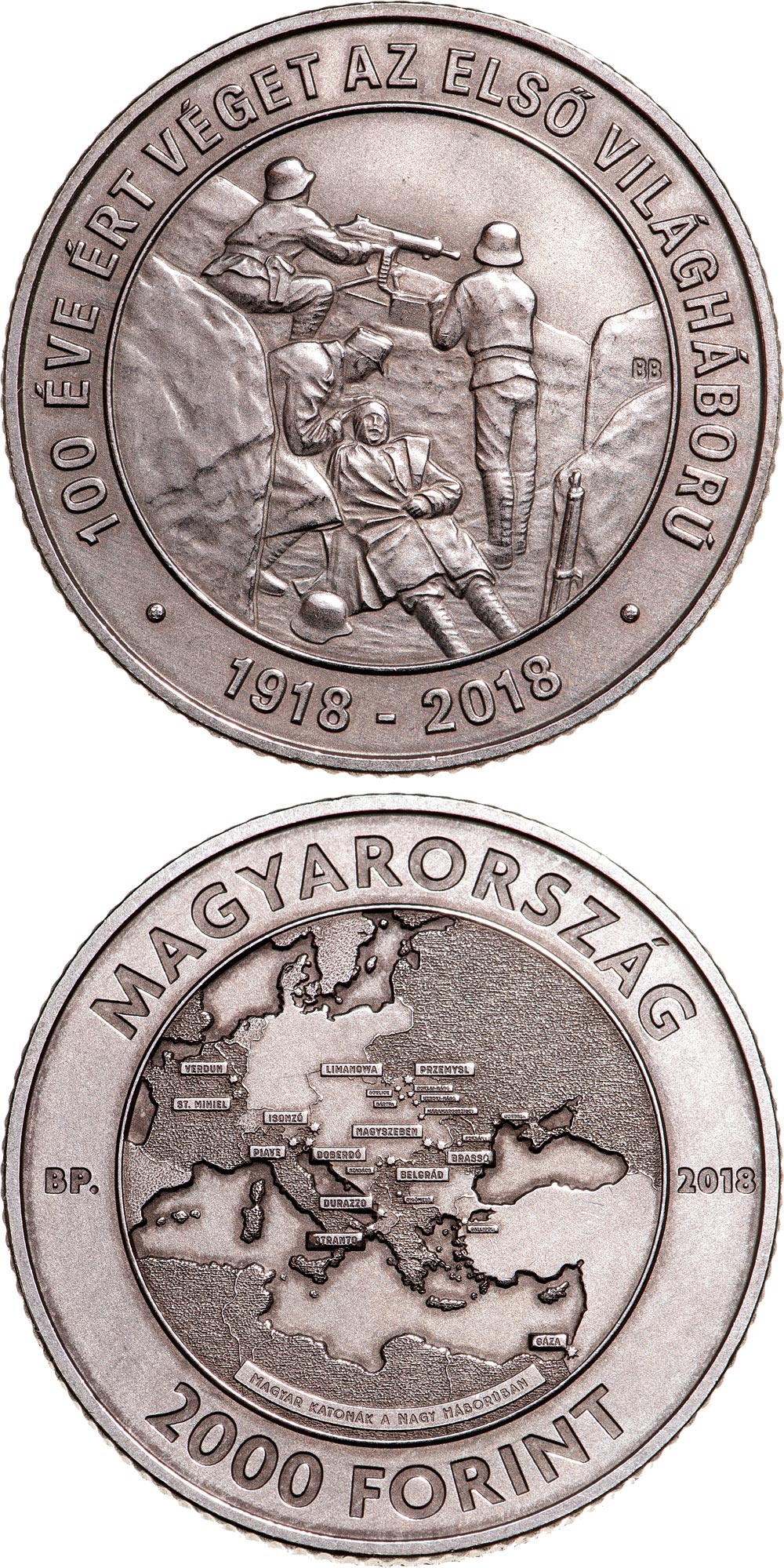 Image of 2000 forint coin - 100th Anniversary of the End of World War I | Hungary 2018.  The Brass coin is of BU quality.