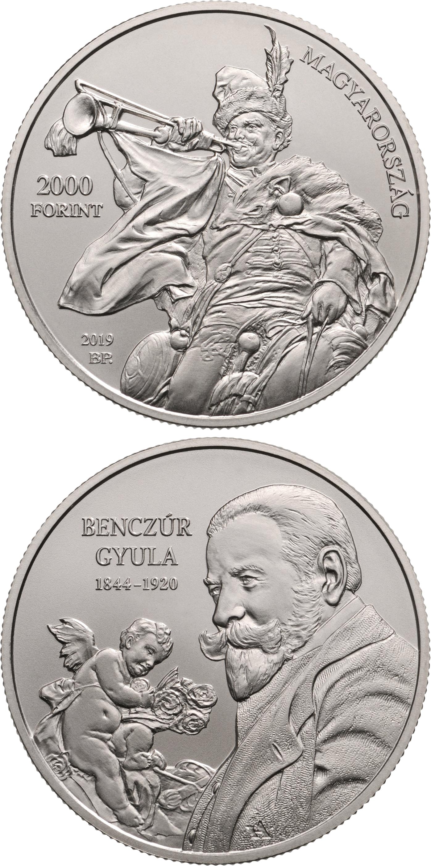 Image of 2000 forint coin - 175th anniversary of the birth of Gyula Benczúr | Hungary 2019.  The Bimetal: CuNi, nordic gold coin is of BU quality.