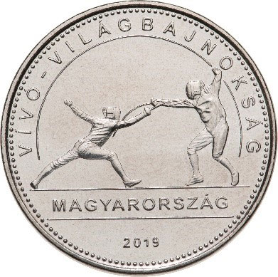 Image of 50 forint coin - FIE World Fencing Championship | Hungary 2019.  The Copper–Nickel (CuNi) coin is of BU quality.