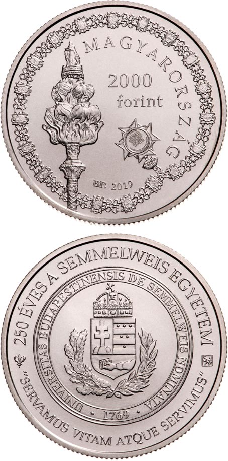 Image of 2000 forint coin - 250th Anniversary of the Foundation of Semmelweis University | Hungary 2019.  The Copper–Nickel (CuNi) coin is of BU quality.