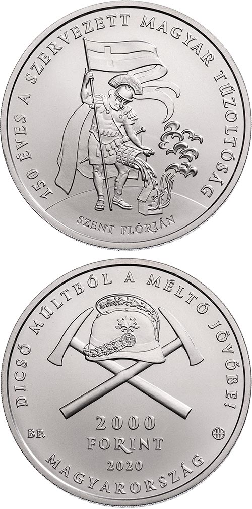 Image of 2000 forint coin - 150 years of organised fire departments in Hungary | Hungary 2020.  The Copper–Nickel (CuNi) coin is of BU quality.