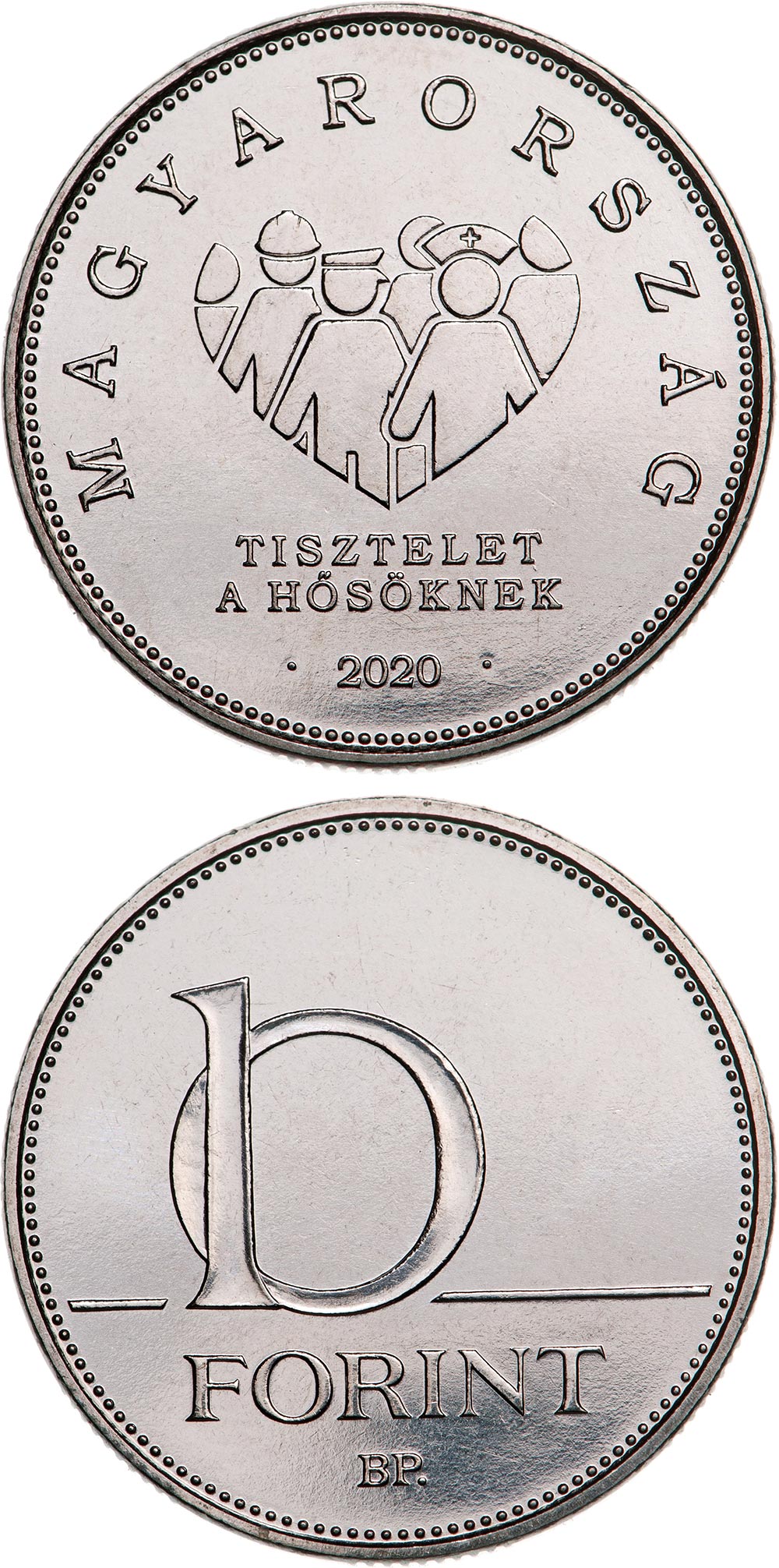 Image of 10 forint coin - Everyday heroes standing their ground during the emergency | Hungary 2020.  The Copper–Nickel (CuNi) coin is of UNC quality.
