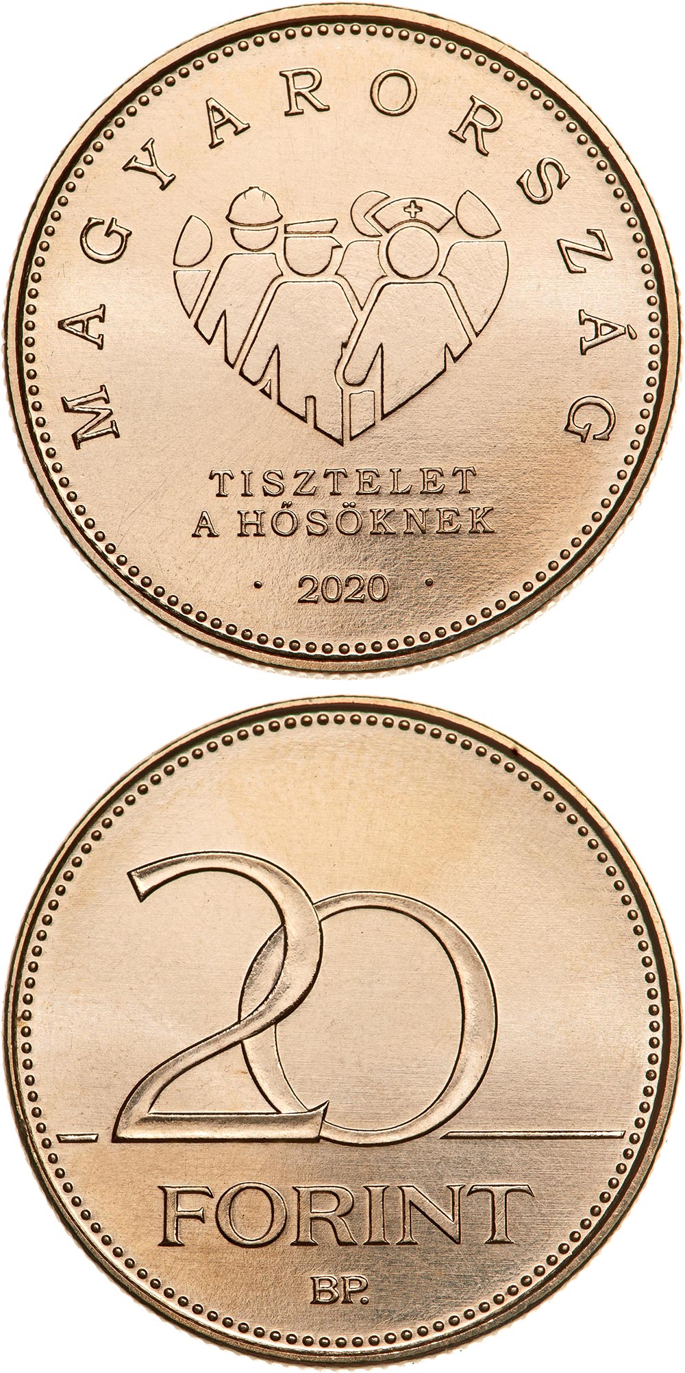 Image of 20 forint coin - Everyday heroes standing their ground during the emergency | Hungary 2020.  The Nordic gold (CuZnAl) coin is of UNC quality.