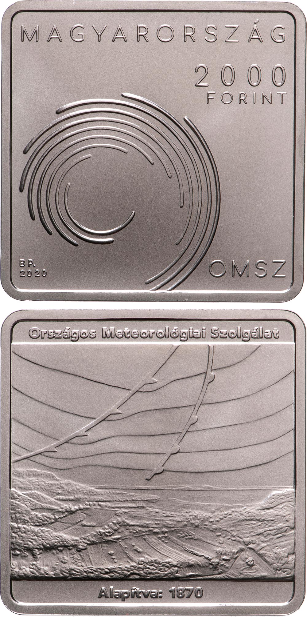 Image of 2000 forint coin - 150th anniversary of the Hungarian Meteorological Service’s foundation | Hungary 2020.  The Copper–Nickel (CuNi) coin is of BU quality.