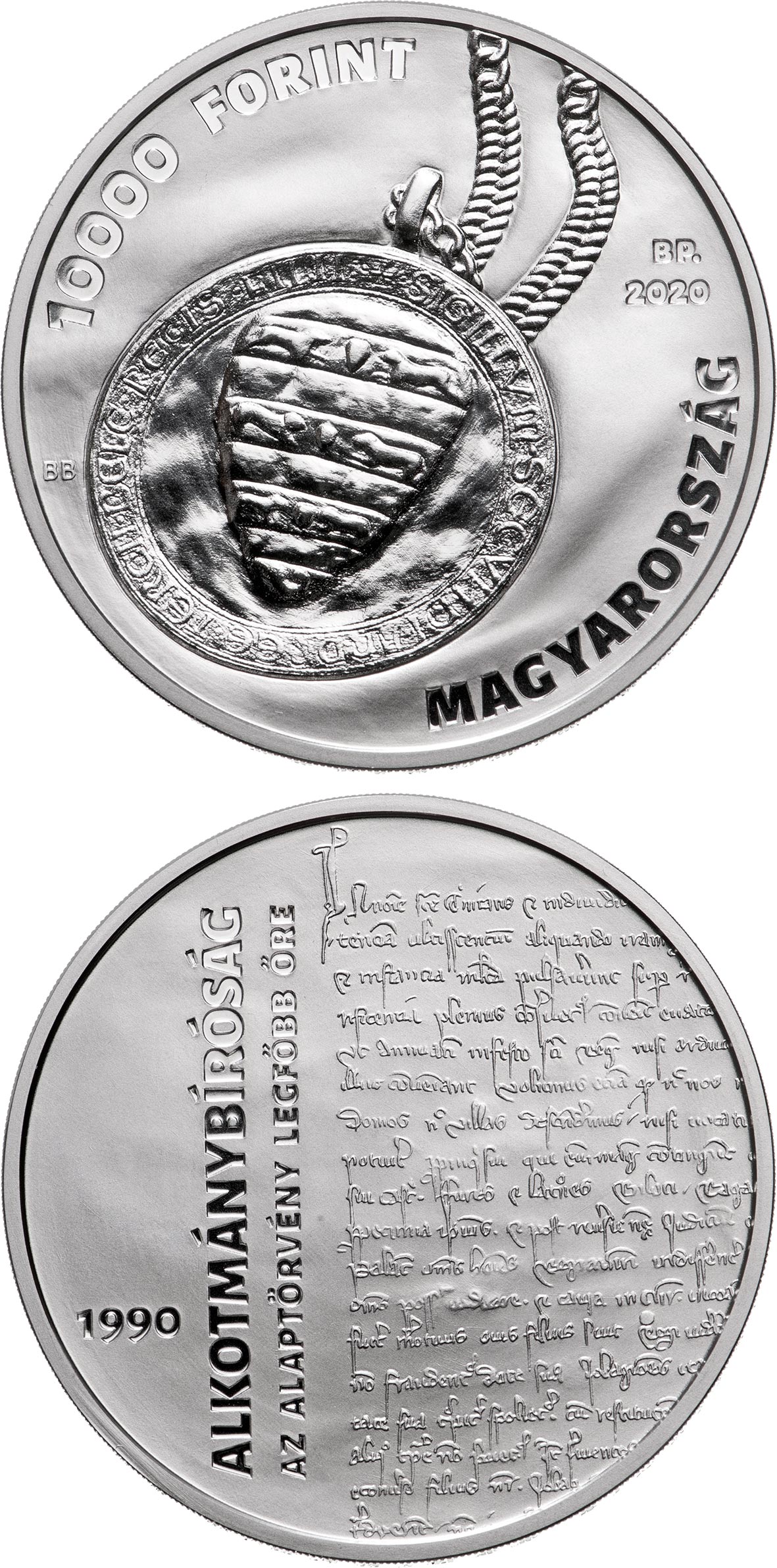 Image of 10000 forint coin - 30 years of the Constitutional Court of Hungary | Hungary 2020.  The Silver coin is of Proof quality.