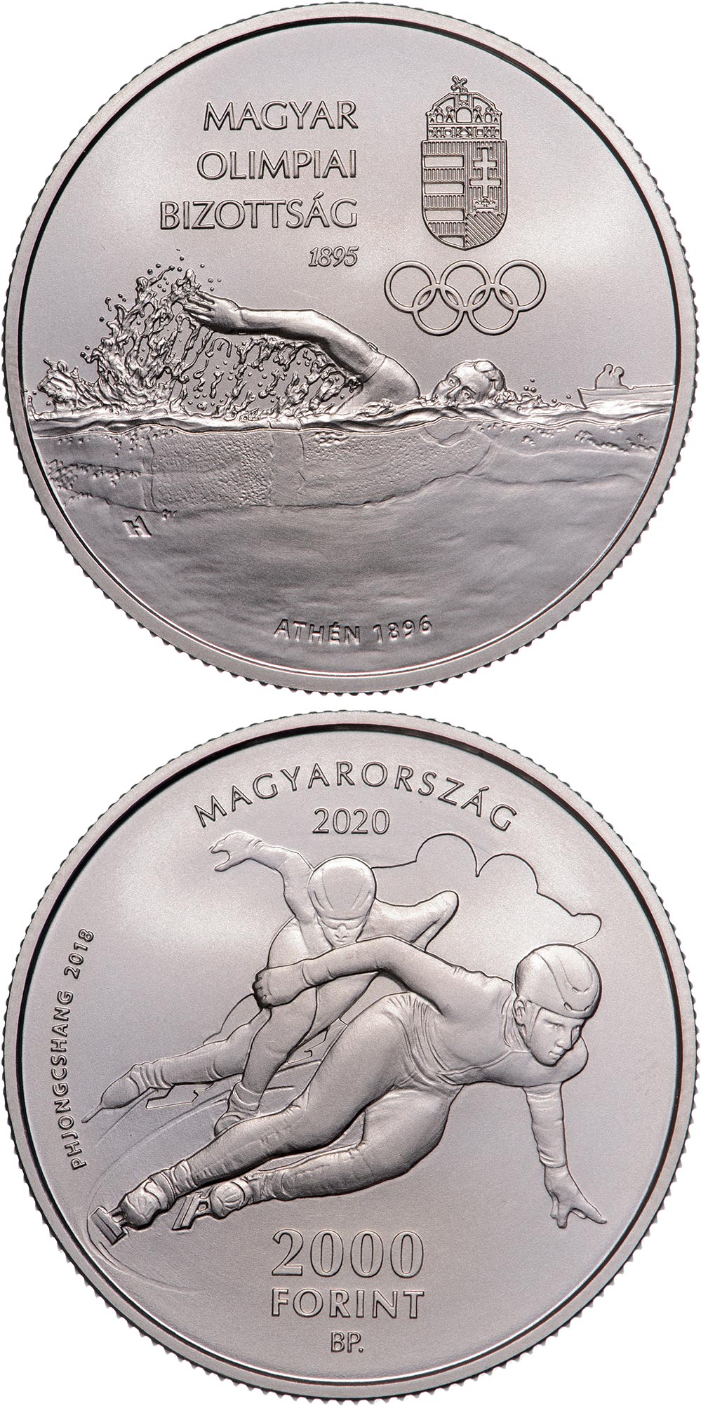 Image of 2000 forint coin - 125 years of Hungarian Olympic Committee | Hungary 2020.  The Copper–Nickel (CuNi) coin is of BU quality.