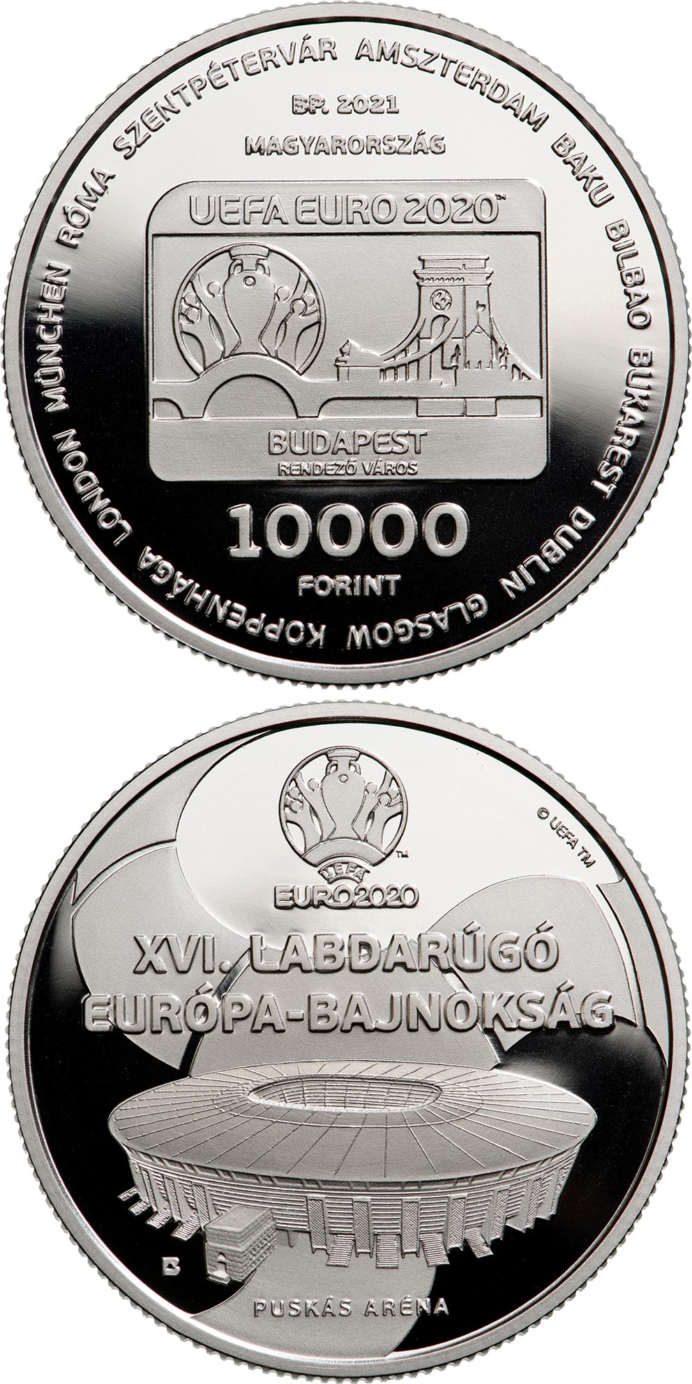 Image of 10000 forint coin - UEFA EURO 2020 | Hungary 2021.  The Silver coin is of Proof quality.