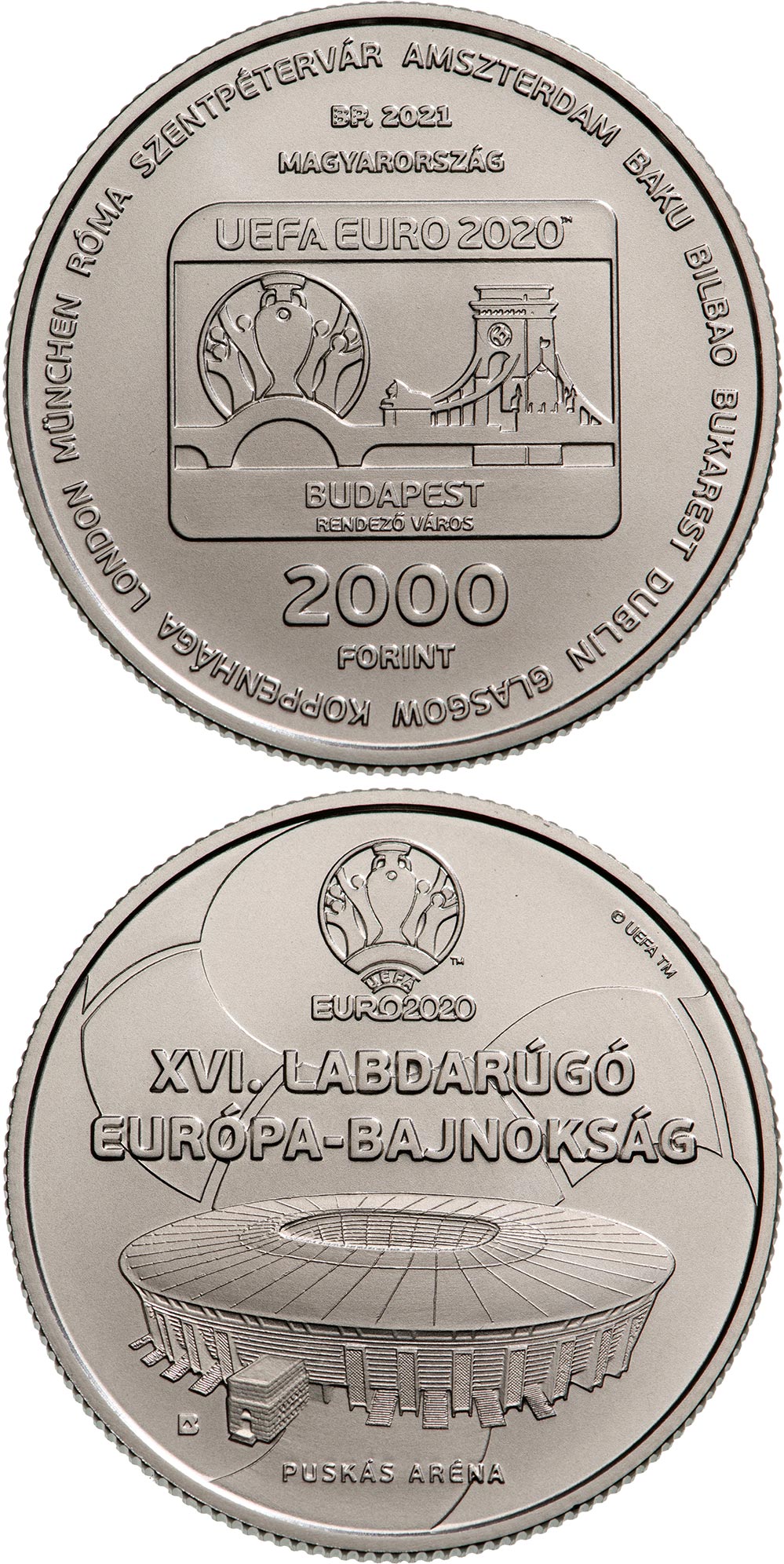 Image of 2000 forint coin - UEFA EURO 2020 | Hungary 2021.  The Copper–Nickel (CuNi) coin is of BU quality.