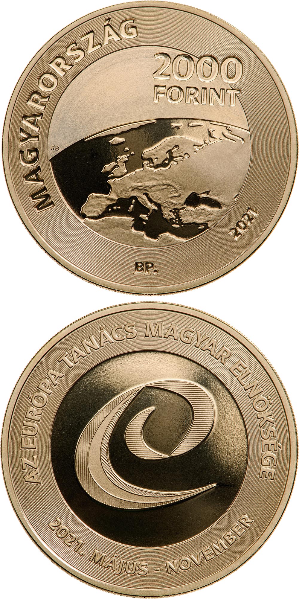 Image of 2000 forint coin - the Hungarian presidency in the Council of Europe | Hungary 2021.  The Brass coin is of BU quality.