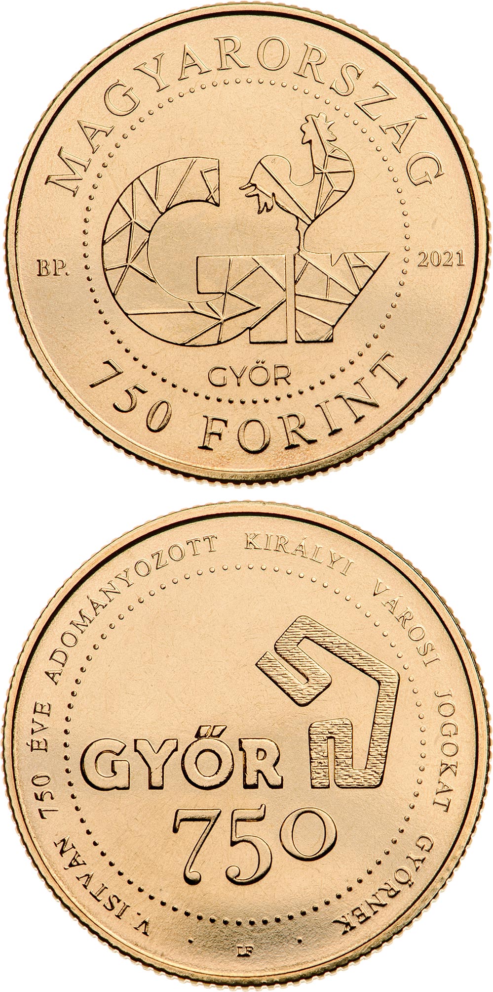 Image of 750 forint coin - 750th anniversary of Győr becoming a royal town | Hungary 2021.  The German silver (CuNiZn) coin is of BU quality.
