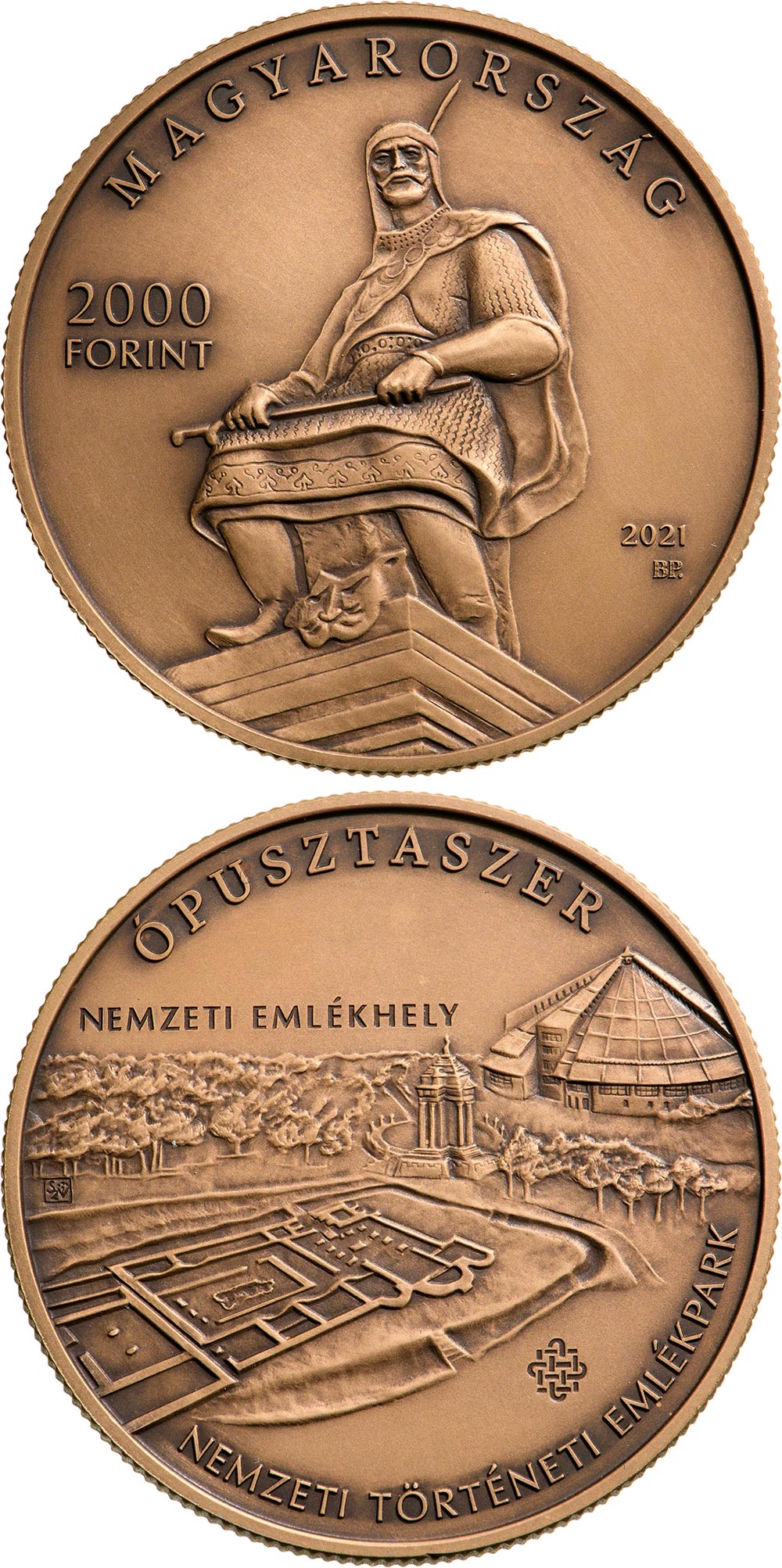 Image of 2000 forint coin - Ópusztaszer Heritage Park | Hungary 2021.  The Brass coin is of BU quality.