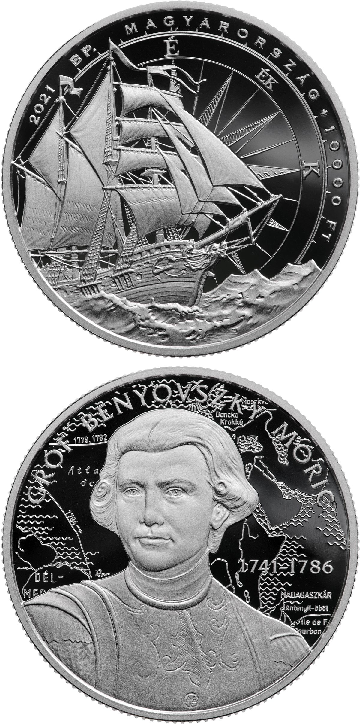 Image of 10000 forint coin - 235th anniversary of the birth of Maurice Benyovszky | Hungary 2021.  The Silver coin is of Proof quality.