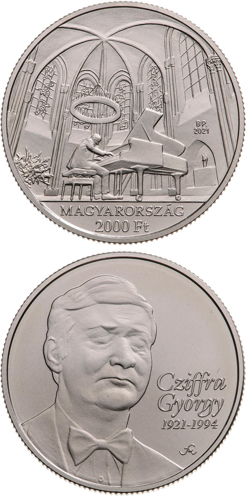 Image of 2000 forint coin - 100th anniversary of the birth of György Cziffra | Hungary 2021.  The Silver coin is of BU quality.
