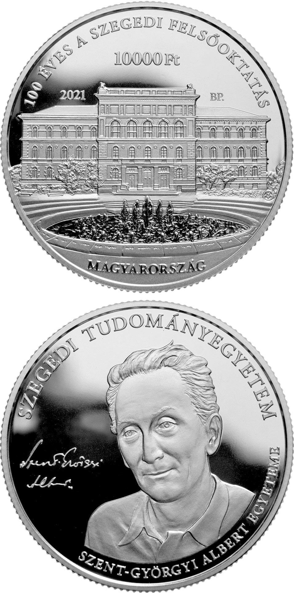 Image of 10000 forint coin - 100 years of the foundation of the University of Szeged | Hungary 2021.  The Silver coin is of Proof quality.