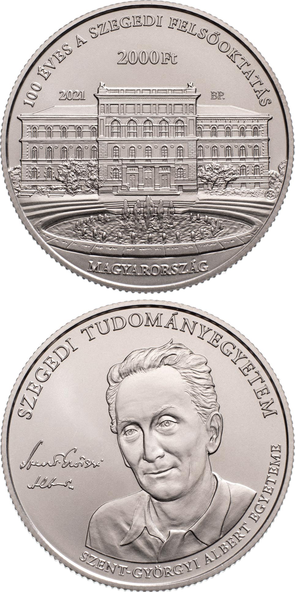 Image of 2000 forint coin - 100 years of the foundation of the University of Szeged | Hungary 2021.  The Copper–Nickel (CuNi) coin is of BU quality.