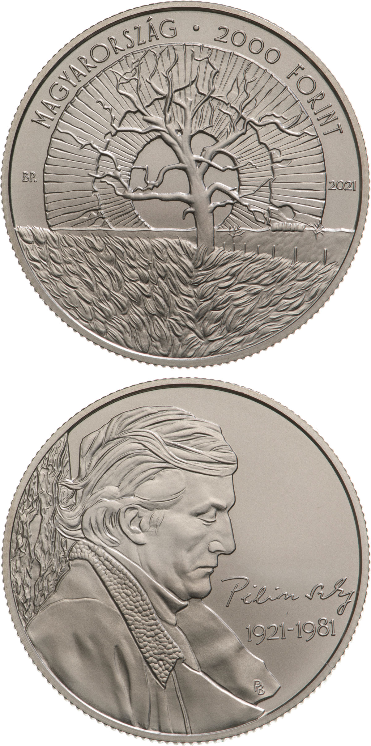 Image of 2000 forint coin - János Pilinszky | Hungary 2021.  The Copper–Nickel (CuNi) coin is of BU quality.
