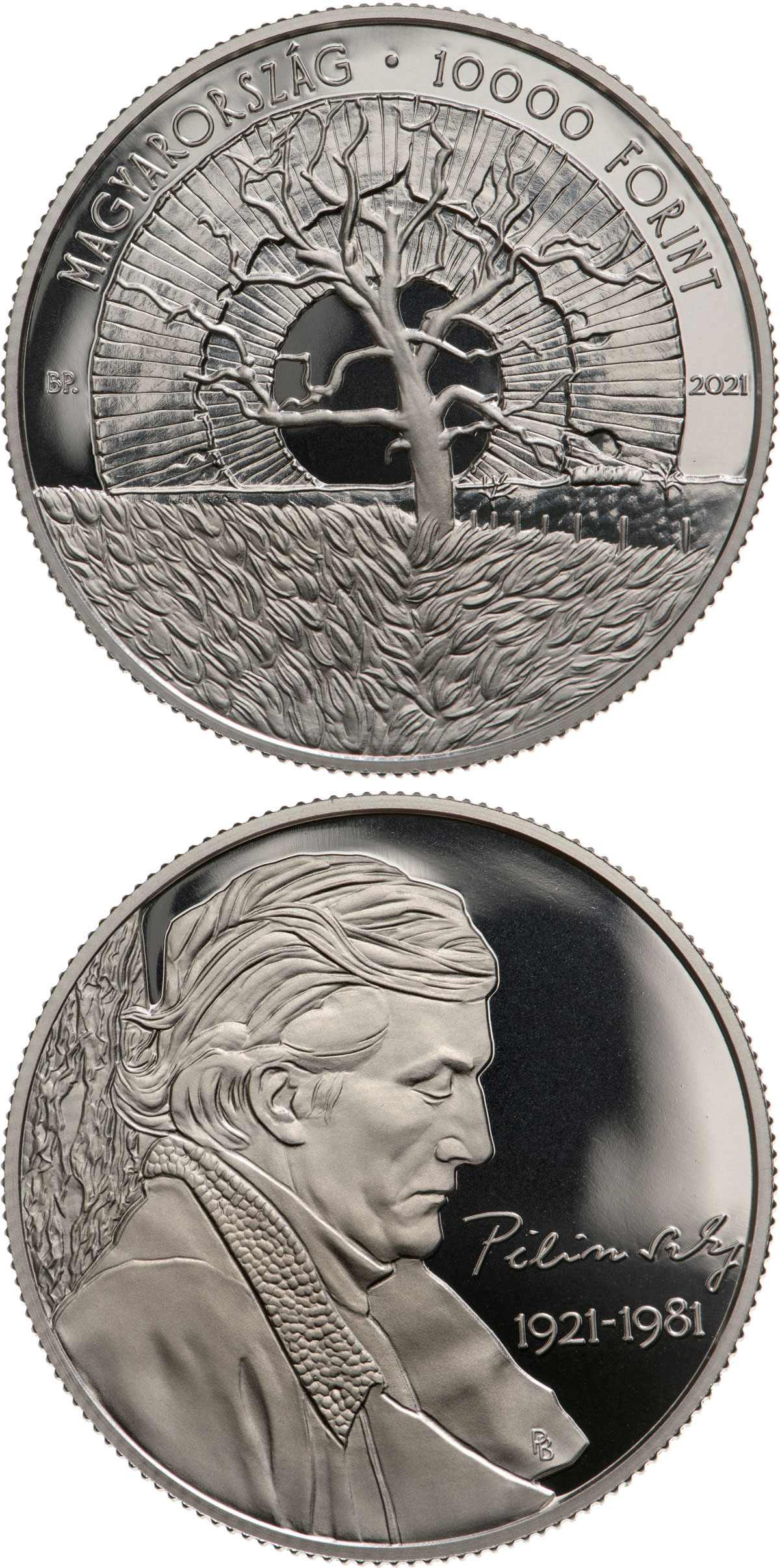Image of 10000 forint coin - János Pilinszky | Hungary 2021.  The Silver coin is of Proof quality.