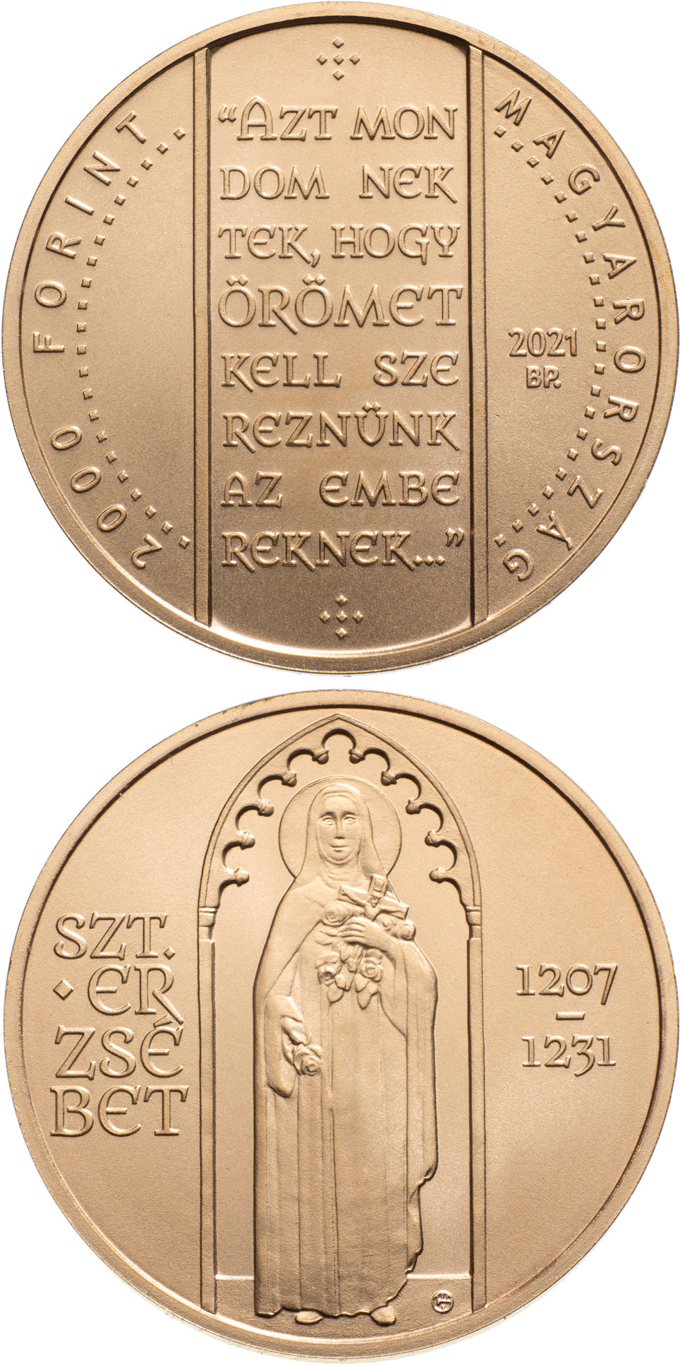 Image of 2000 forint coin - Saint Elisabeth of Hungary | Hungary 2021.  The Brass coin is of BU quality.