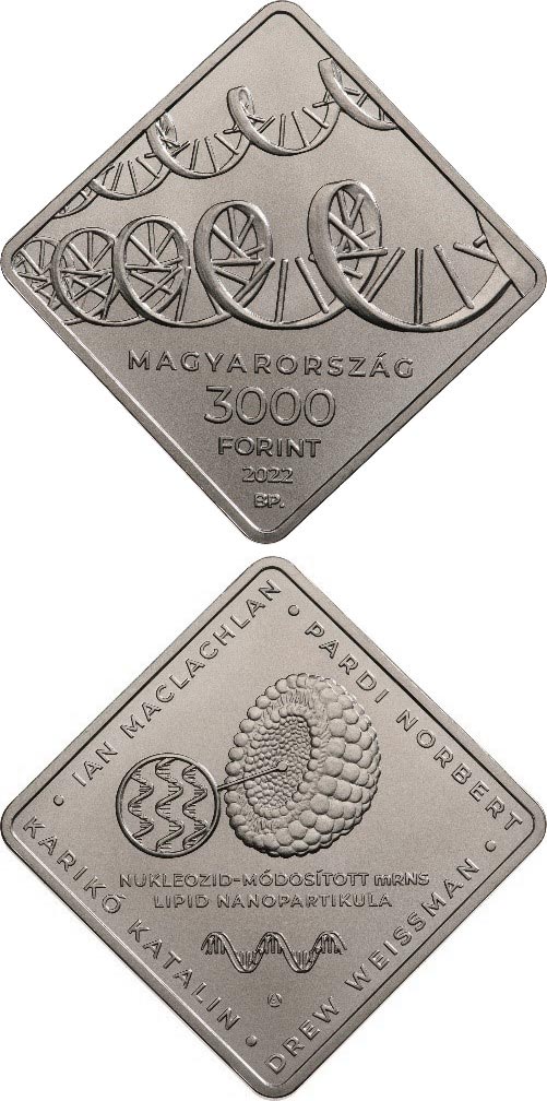 Image of 3000 forint coin - The Hungarian invention providing the basis for mRNA-vaccines | Hungary 2022.  The Copper–Nickel (CuNi) coin is of BU quality.