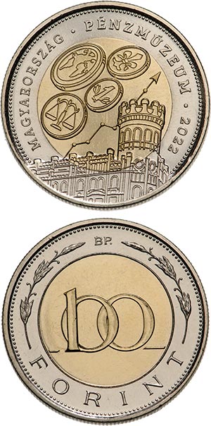 Image of 100 forint coin - The Hungarian Money Museum and Visitor Centre  | Hungary 2022.  The Bimetal: CuNi, nordic gold coin is of UNC quality.