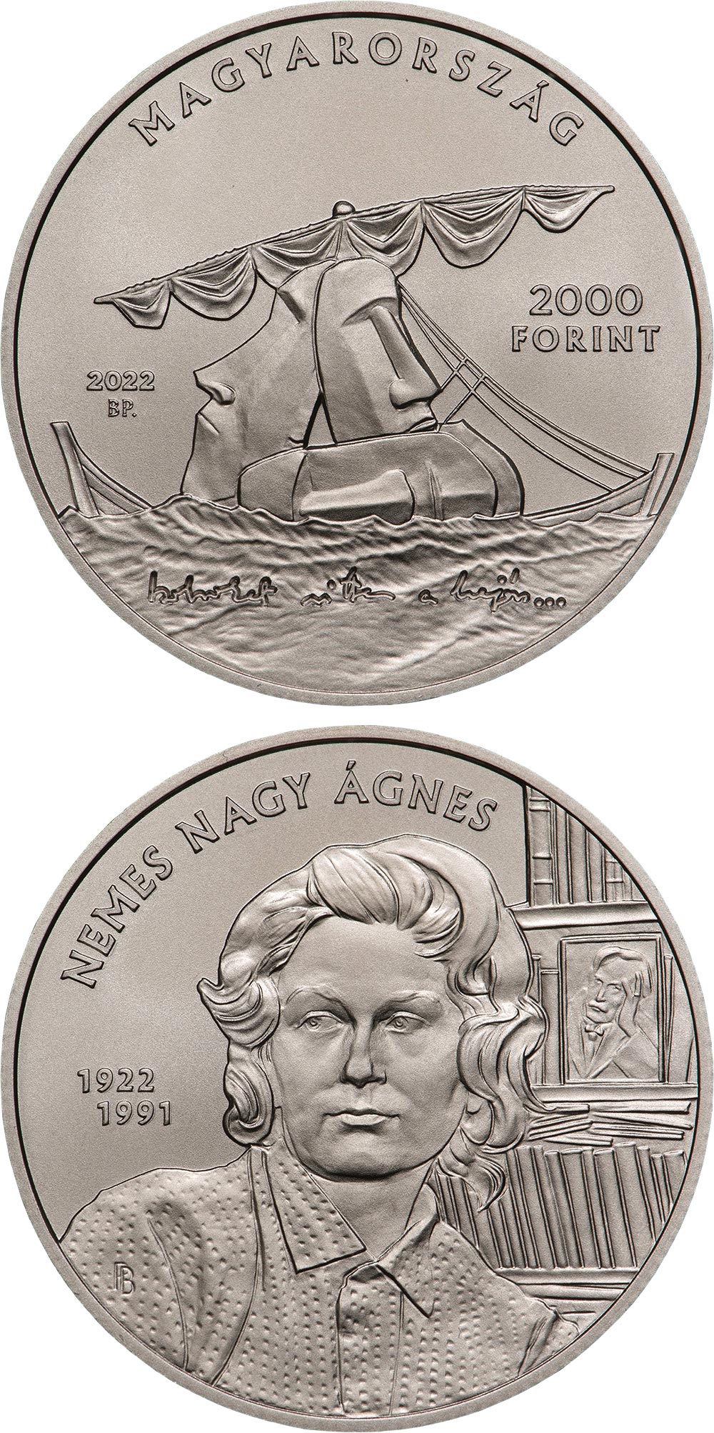 Image of 2000 forint coin - 100th anniversary of the birth of Ágnes Nemes Nagy | Hungary 2022.  The Copper–Nickel (CuNi) coin is of BU quality.