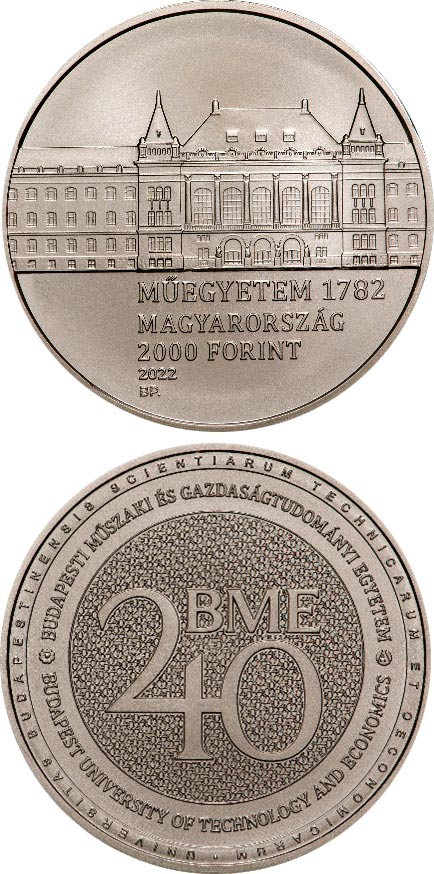 Image of 2000 forint coin - 240th anniversary of the foundation of the Budapest University of Technology and Economics | Hungary 2022.  The Copper–Nickel (CuNi) coin is of BU quality.
