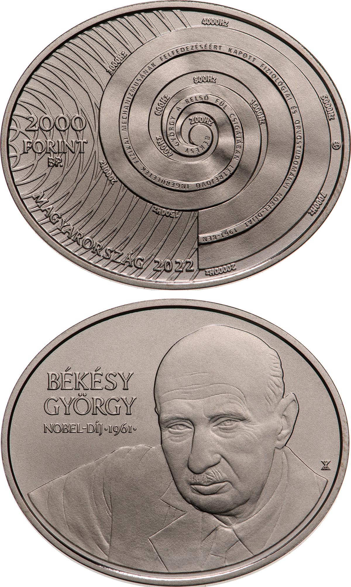 Image of 2000 forint coin - György Békésy | Hungary 2022.  The Copper–Nickel (CuNi) coin is of BU quality.