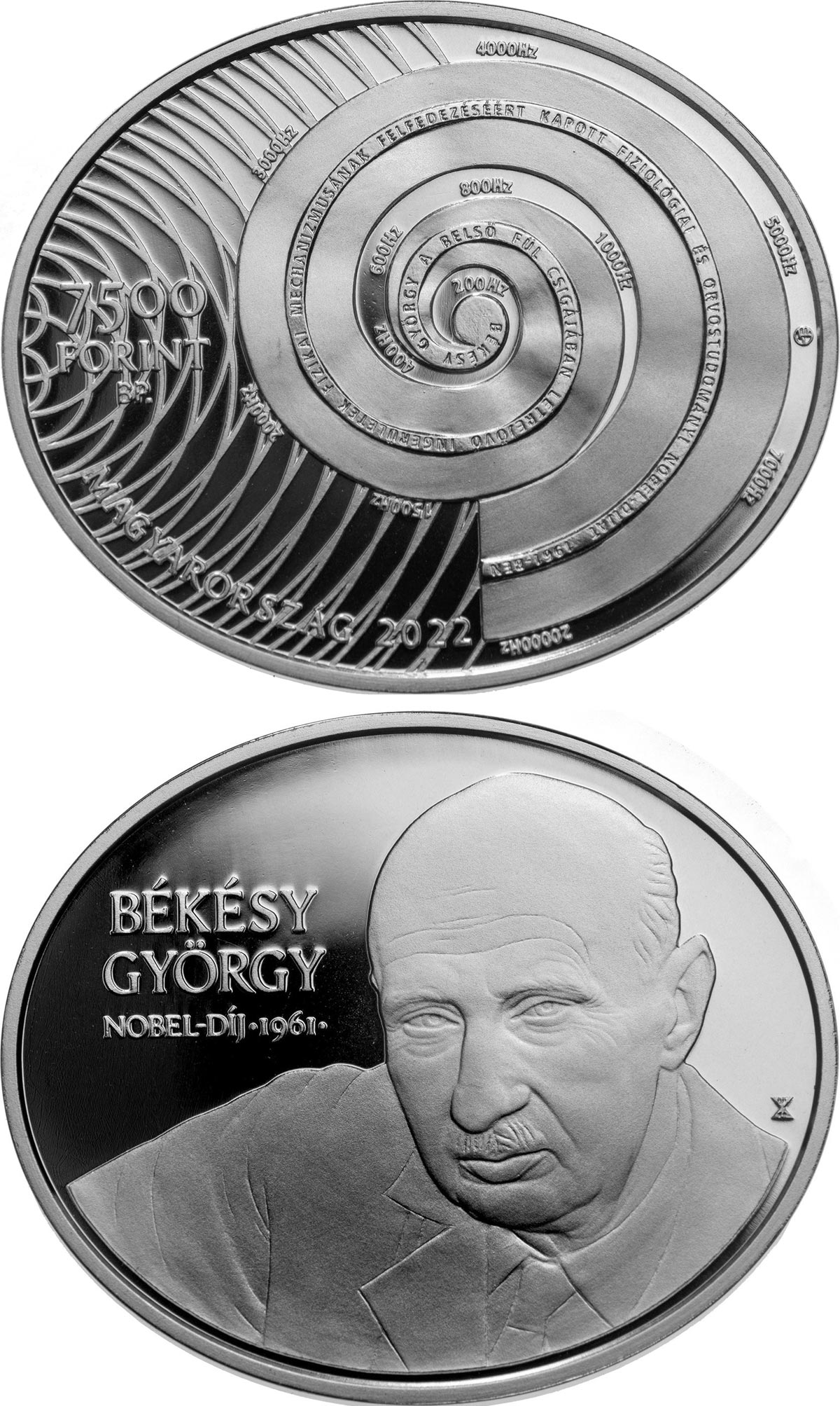 Image of 7500 forint coin - György Békésy | Hungary 2022.  The Silver coin is of Proof quality.