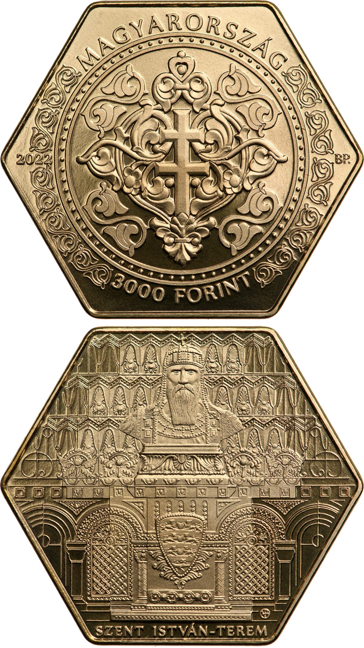 Image of 3000 forint coin - St. Stephen’s Hall | Hungary 2022.  The Nordic gold (CuZnAl) coin is of proof-like quality.