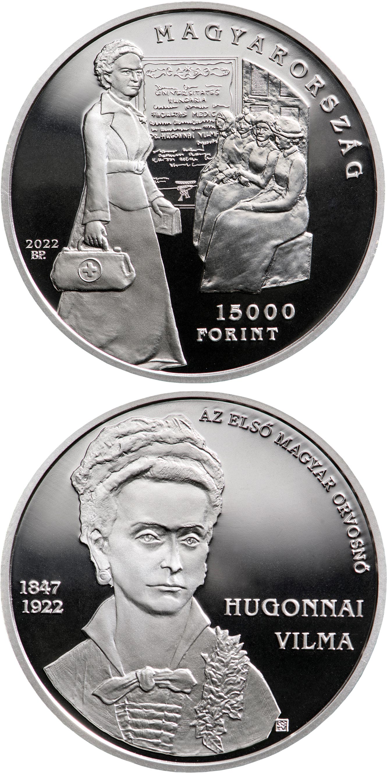 Image of 15000 forint coin - Vilma Hugonnai, the first female doctor in Hungary | Hungary 2022.  The Silver coin is of Proof quality.