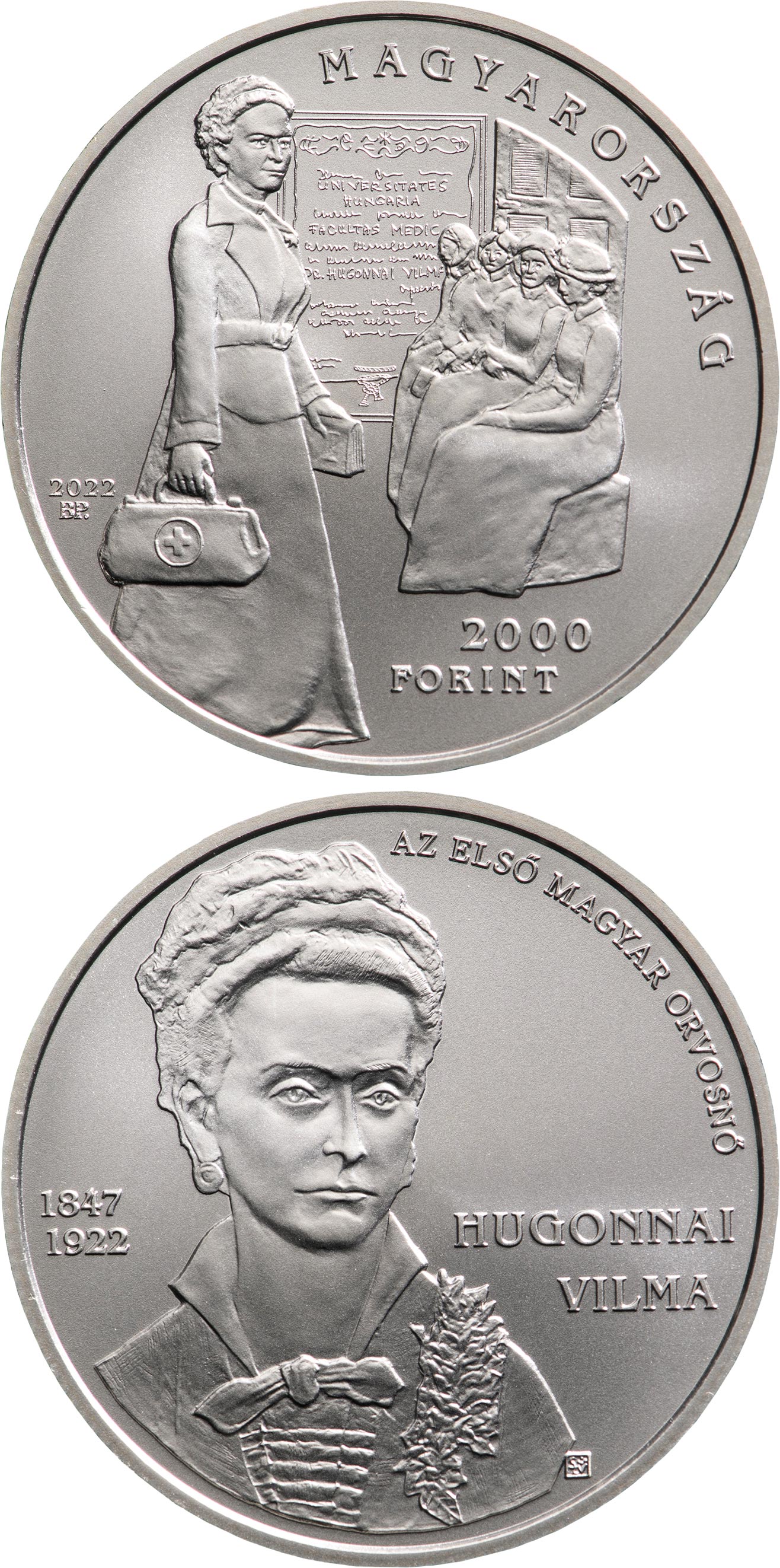 Image of 2000 forint coin - Vilma Hugonnai, the first female doctor in Hungary | Hungary 2022.  The Copper–Nickel (CuNi) coin is of BU quality.