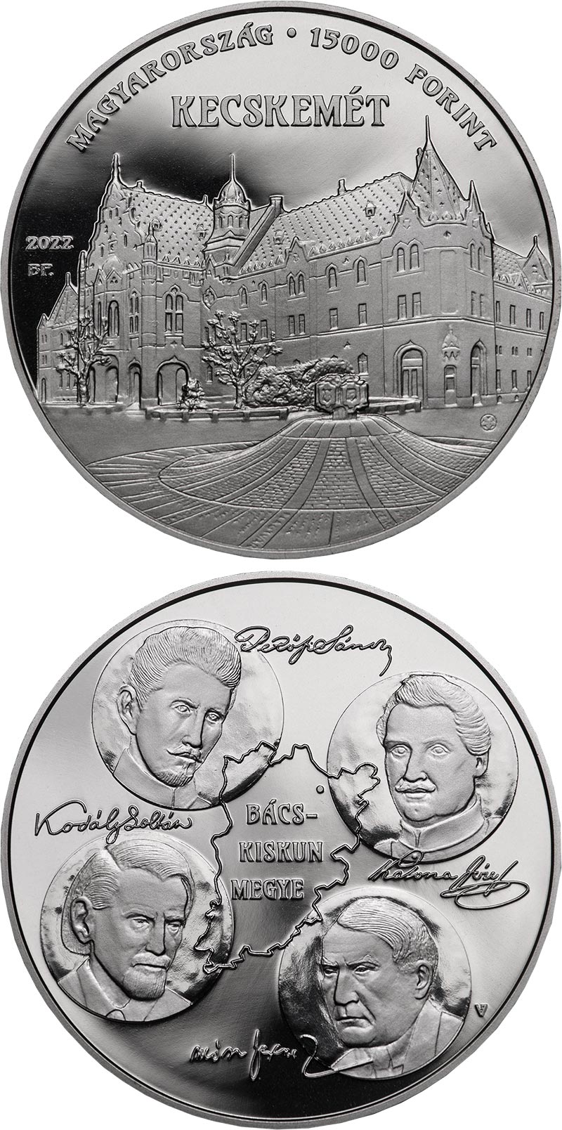 Image of 15000 forint coin - Kecskemét, Bács-Kiskun County | Hungary 2022.  The Silver coin is of Proof quality.