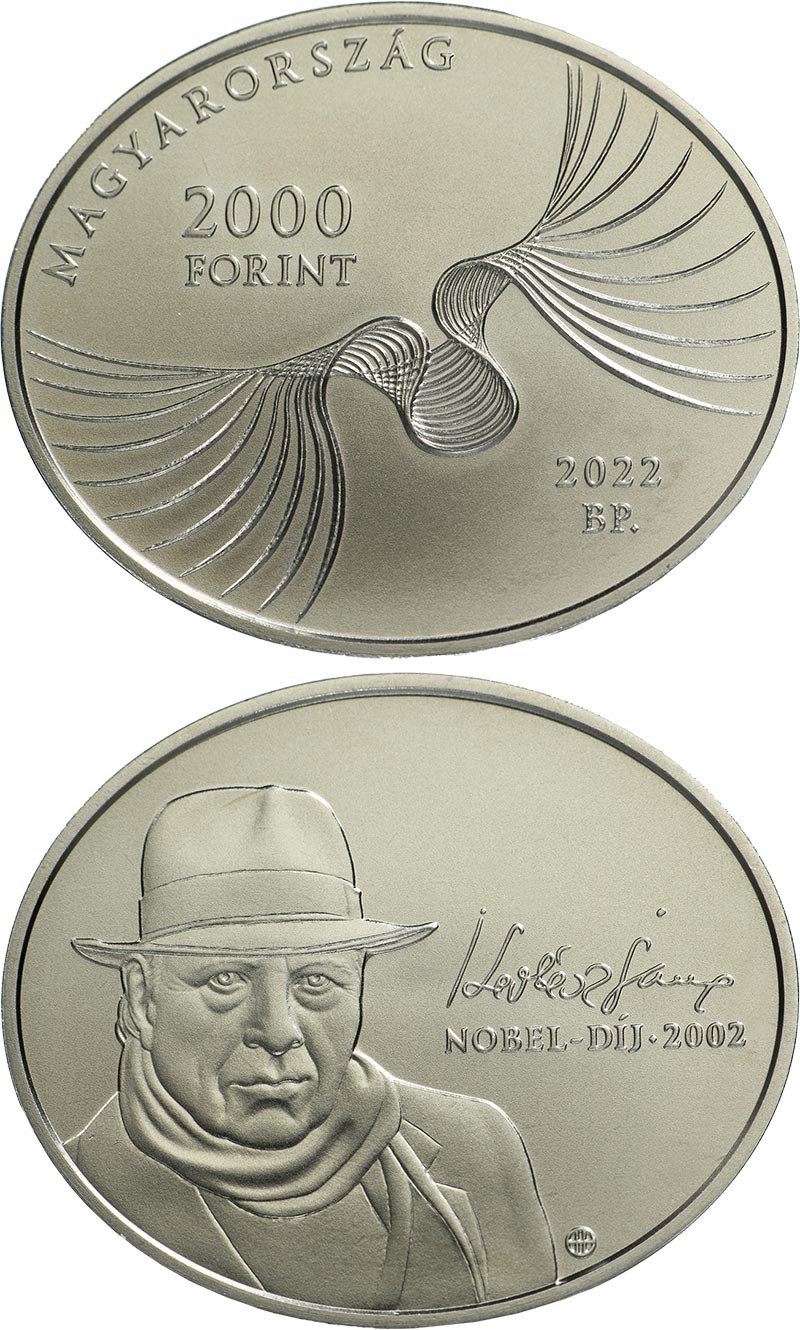 Image of 2000 forint coin - Imre Kertész | Hungary 2022.  The Copper–Nickel (CuNi) coin is of BU quality.