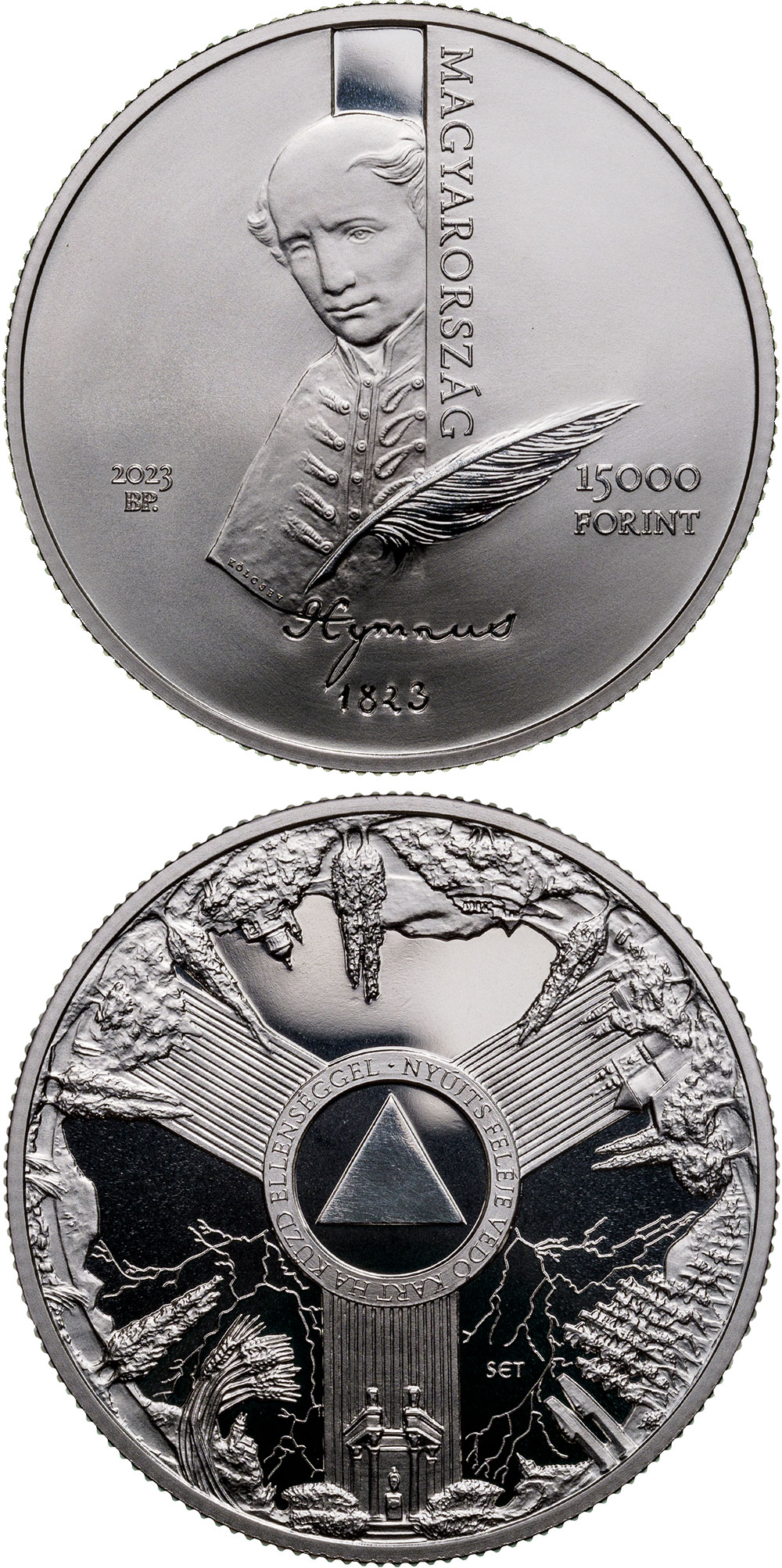 Image of 15000 forint coin - 200th anniversary of the writing of the poem Hymn | Hungary 2023.  The Silver coin is of Proof quality.