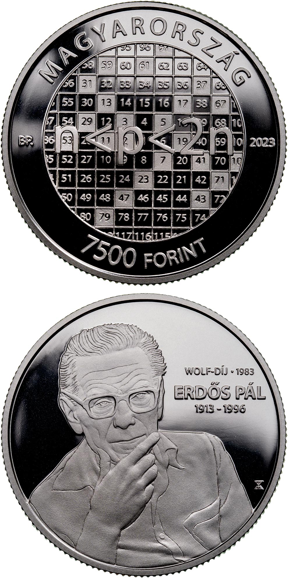 Image of 7500 forint coin - Pál Erdős | Hungary 2023.  The Silver coin is of Proof quality.