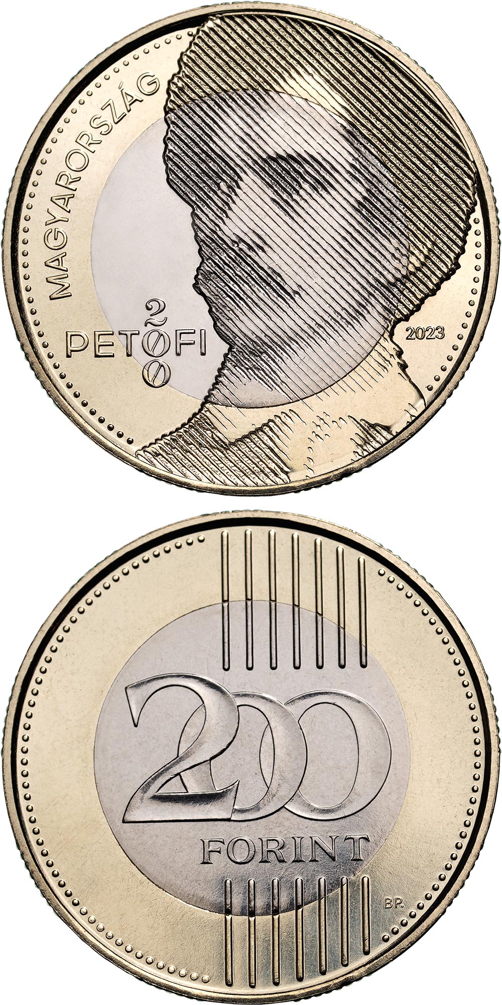 Image of 200 forint coin - Sándor Petőfi and The Revolution and War of Independence of 1848/1849 | Hungary 2023.  The Bimetal: CuNi, nordic gold coin is of UNC quality.