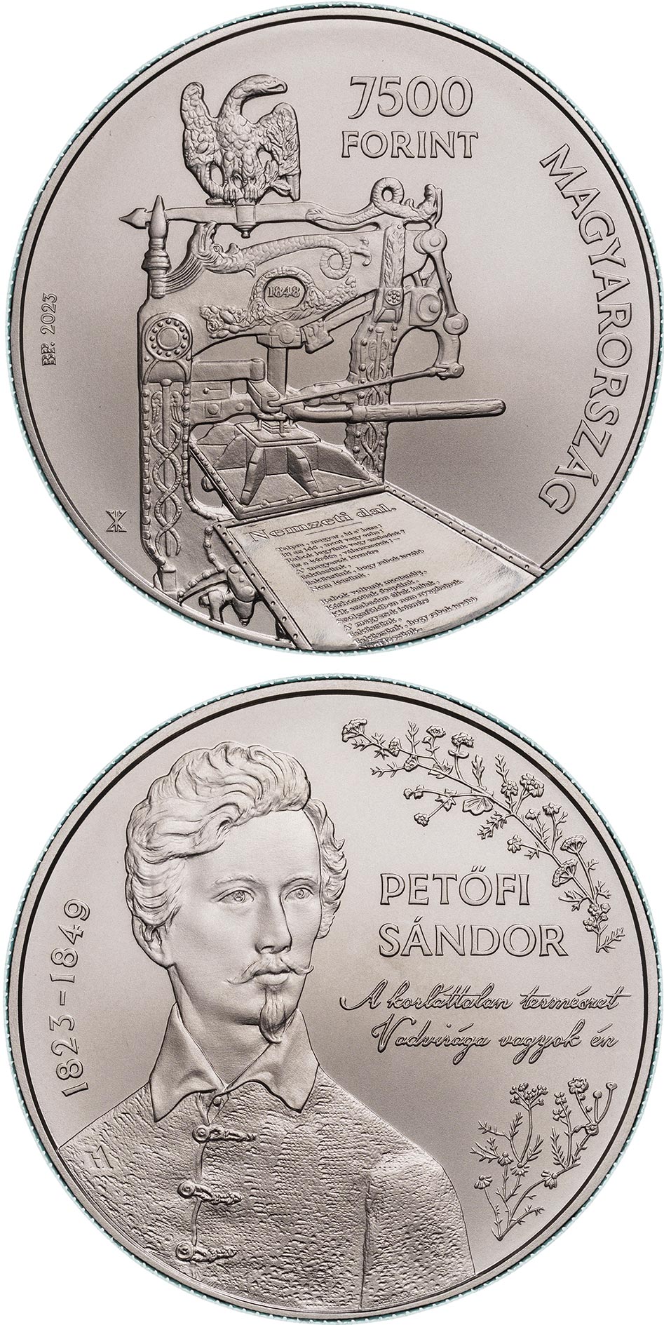Image of 7500 forint coin - Sándor Petőfi and The Revolution and War of Independence of 1848/1849 | Hungary 2023.  The Copper–Nickel (CuNi) coin is of BU quality.