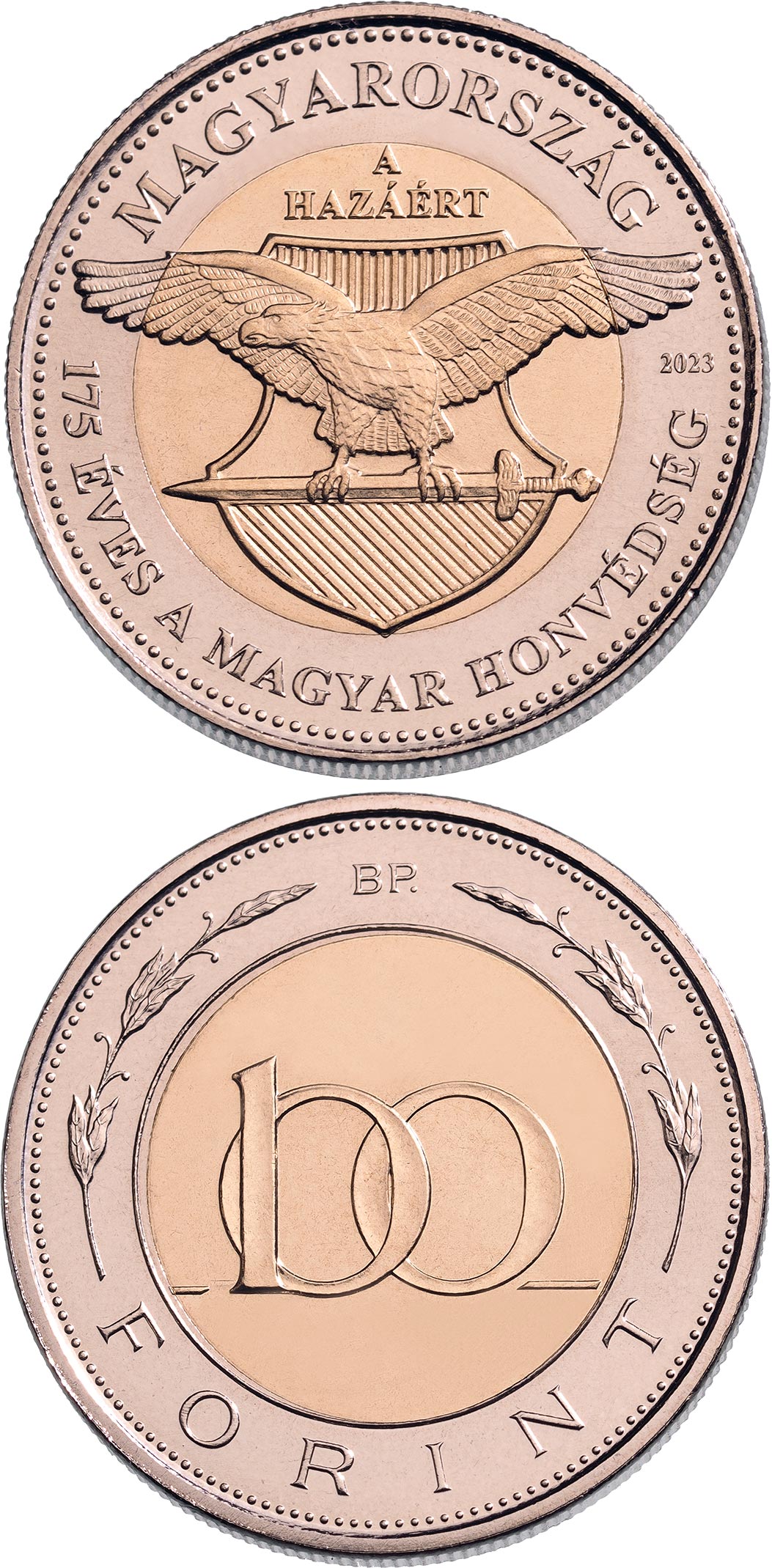 Image of 100 forint coin - 175 years of the Hungarian Defence Forces | Hungary 2023.  The Bimetal: CuNi, nordic gold coin is of UNC quality.